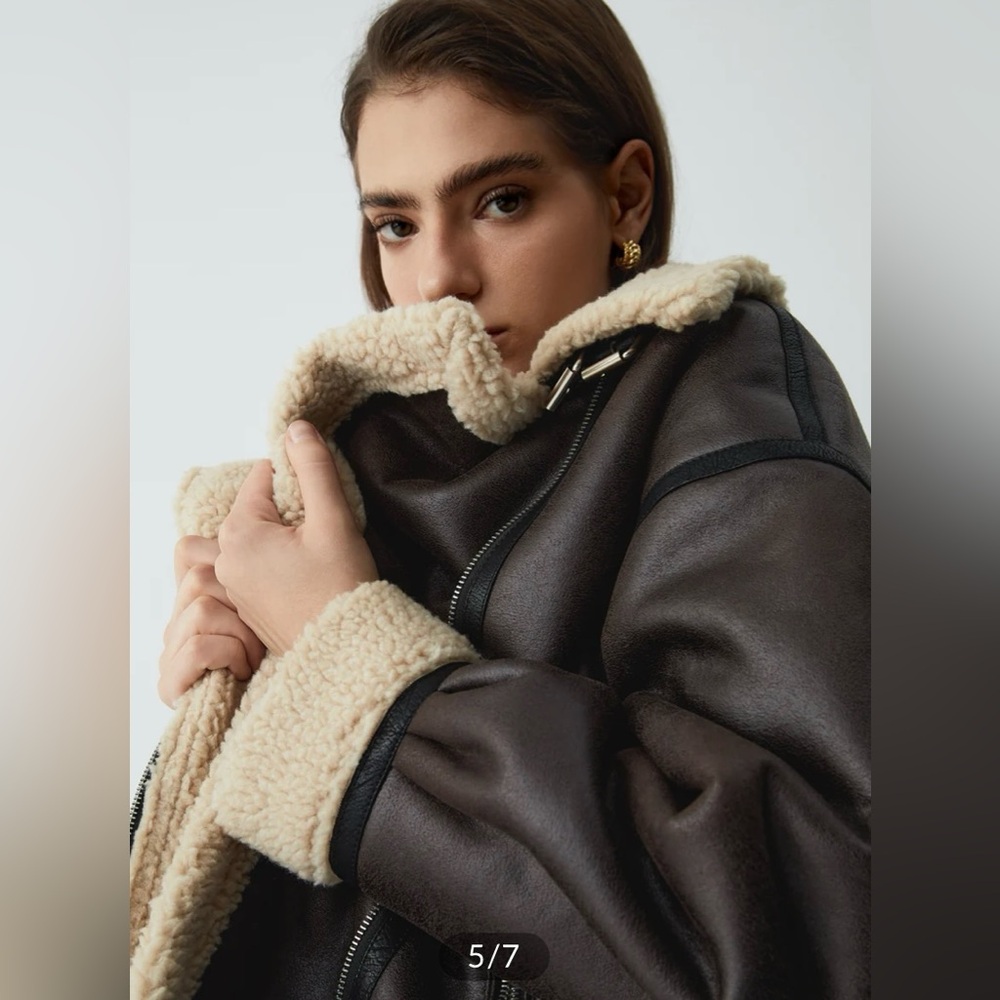 Commense Classic Sherpa Lined Shearling Leather Flight Jacket, size small